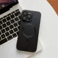 Magnetic phone case compatible with iPhone, matte black protective cover with lens protection. - Black
