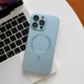 Light blue electroplated magnetic phone case compatible with iPhone with lens protector. - Sierra Blue