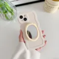 Solid color liquid wavy silicone iPhone case with built-in makeup mirror and stand accessory. - Solid Color Wavy Makeup Mirror - White / iPhone 14 Pro Max