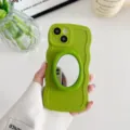 Stylish solid color liquid wavy iPhone case featuring a built-in mirror bracket. - Solid Color Wavy Makeup Mirror - Green / iPhone 14 Pro Max