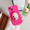Bright pink wavy silicone phone case with makeup mirror stand for iPhone 13 14 12 Pro Max. - Wavy Solid Color Makeup Mirror - Rose Red / iPhone 14 Pro Max