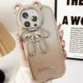 Electroplated glitter phone case with cute 3D bear stand and bow for iPhone 15 Pro Max - Bear Camera Lens Stand (Glitter Gold)