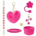 Roze beker accessoires set met pluche hart sleutelhanger en schattige siliconen bekerhoes. - Rozerood