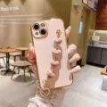 Pink electroplated phone case with cute velvet heart wrist strap chic protective cover for women - Samsung S22 / Pink + Plush Heart Chain