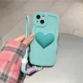 Silicone wave phone case with heart and lanyard for iPhone, soft mint green cover - iPhone 14 / Light Cyan