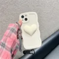 Solid color silicone wave phone case with 3D heart and strap for iPhone, variant style. - iPhone 14 / Antique White