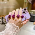 Purple velvet heart bracelet phone case with gold chain elegant luxury protective cover. - Samsung S22 / Purple