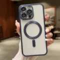 Custodia per telefono magnetica galvanizzata in titanio per iPhone, retro traslucido con protezione - Blu Profondo Titanio
