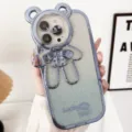 Schattige beren electroplated glitter telefoonhoesje met stander, voor iPhone luxe hoes - Beer cameralensstandaard (Verloop blauw) / 15promax