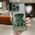 Groene glitter verloop iPhone hoesje met 3D diamant beer standaard voor 14 15 Pro Max - Dennengroen