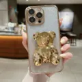 Verloop glitter beschermhoes met 3D gefacetteerde gouden berenhouder voor iPhone - Goud