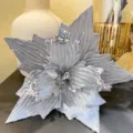 Silver sequin velvet Christmas flower decoration, approximately 30cm size for holiday tree. - Christmas Flower [Gold Powder Flocked Silver 03] / Silver
