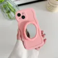 Rosa flüssige Silikon Handyhülle mit Make-up Spiegel Ständer für iPhone 13 14 - Make-up-Spiegel mit Wellenmuster in Unifarbe - Rosa