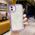 Transparente magnetische Schutzhülle mit violettem Rahmen für kompatible Smartphones. - Lila / iPhone15