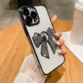 Detailopname van strass strik telefoonhoesje, luxe gegalvaniseerde zachte beschermhoes. - iPhone 14 Pro Max / Zwart