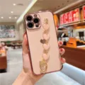 Plated pink heart chain phone case compatible with iPhone, luxury electroplated protective cover. - Pink Heart Wrist Chain / iphone13