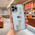 Light blue iPhone case with elegant gold heart bracelet chain, luxury electroplated TPU cover. - Light Blue Heart Wrist Chain / iphone13