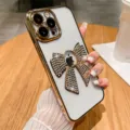 Luxe strass strik telefoonhoesje met camera beschermer gegalvaniseerd goud voor iPhone - iPhone 14 Pro Max / Goud