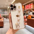 Elegant electroplated white iPhone case with luxury gold edges and cute heart chain strap. - White Heart Wrist Chain