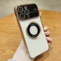 Electroplated large window magnetic phone case with lens protection for iPhone models. - Gold / iPhone 14 Pro Max