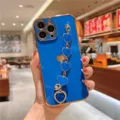 Blue electroplated phone case with elegant gold heart chain strap, luxury style design. - Royal Blue Heart Wrist Chain