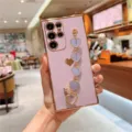 Purple electroplated phone case with heart chain for Samsung, luxury soft anti-drop cover. - Sakura Purple
