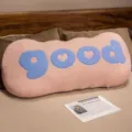 Pink long plush body pillow with blue good letter embroidery, cozy sofa and bed cushion support. - Pink Teddy Fleece Good