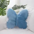 Blue butterfly plush pillow with white lace trim, cute princess style sofa cushion for bedroom decor. - Lace Trim - Blue