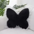 Black butterfly plush pillow with white lace trim, cute soft cushion for sofa, bed, or car decor. - Lace Trim - Black