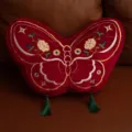 Red butterfly shaped decorative throw pillow featuring floral embroidery and green tassels. - Chinese Style Tassel Butterfly - Red (Removable & Washable Inner)