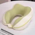Coussin de voyage ergonomique en mousse à mémoire de forme et soie glacée pour le cou. - Vert/Blanc