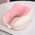 Oreiller de voyage en mousse à mémoire de forme avec housse en soie glacée pour cou. - Rose et Blanc