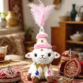 Cute plush sheep doll with pink feather hat and gems ethnic style souvenir gift toy - Xinjiang Lamb with Rich Hat - Double Layer Pink / 15cm (With Hat 35cm)