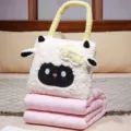 Cute sheep plush pillow quilt 2 in 1 cartoon handbag blanket for sofa office nap travel use. - Small Black Lamb