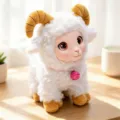 Cute vinyl face plush sheep pendant, fluffy white lamb doll with brown horns and pink bell. - White Sitting