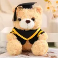 Süßer Abschluss Teddybär Plüschtier mit Doktorhut und Robe weiches Abschlussgeschenk für Studenten - Hellbraun-Gelbe Streifen / 23cm