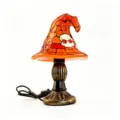 Decorative Halloween witch hat stained glass table lamp with skull motif and antique base - Orange Skeleton / Orange