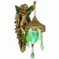 Vintage Harz Fee Wandlampe mit leuchtender grüner Laterne dekoratives SKU Ornament - Blumenfee / Bronzegold