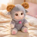 Cute vinyl face plush sheep doll toy with brown horns and pink bell pendant, grey soft toy. - Grey Short Fur Sitting