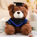 Abschluss Teddybär Plüschtier mit Doktorhut und Talar, süßes Geschenk für den Schulabschluss. - Dunkelbraune & blaue Streifen