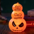 Glowing orange three-tier Halloween pumpkin lantern with LED light and portable metal ring - Three Pumpkins / 7.5cmx7.5cmx12.5cm