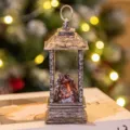 Vintage silver LED lantern with warm simulated fireplace flickering fire light effect - Square Lamp Silver Fireplace / Silver
