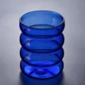 Blue ripple glass cup with stacked ring design, perfect for coffee, milk and daily home use. - 301-400ml / Blue