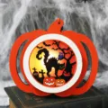 Handcrafted wooden Halloween pumpkin LED light ornament with spooky cat and bat scene - Black Cat and Jack-O-Lantern