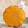 Cute mooncake plush pillow with white rabbit pendant, soft cushion toy for festival gift. - Rabbit Style