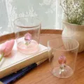 Clear glass cup with 3D pink rose inside, aesthetic drinking cup for home kitchen and milk juice. - Rose
