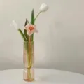 Pink Glass Bubble Vase Vertical Stripe Aesthetic Flower Vase for Home Table Decor - Ribbed Champagne Glass