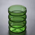 Green wavy glass cup aesthetic stackable water coffee mug cute ring glassware design - 301-400ml / Grass Green