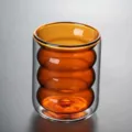 Amber double wall glass cup with wavy inner design for coffee, milk, juice and daily use. - 301-400ml / Amber Double-Layered