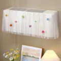 White mesh lace air conditioner dust cover with colorful crochet flowers, elegant wall decor detail. - Universal for 1-1.5 HP (Length Within 86 cm) / Cute Flower AC Cover (Usable While Running)